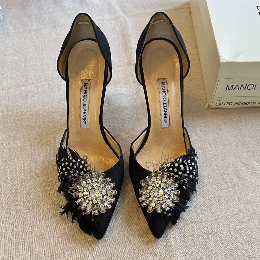 Manolo Blahnik Satin D’Orsay Heels with Feather and Crystal